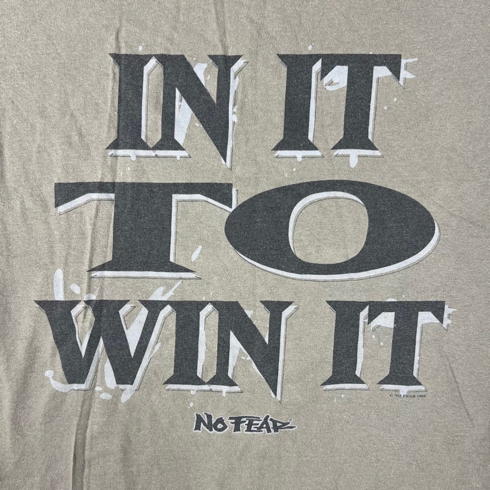 Vintage 1995 No Fear In It To Win It T Shirt Men's XL Tan Single Stitch Made USA